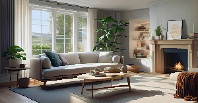 A warm living room with a plush sofa, fluffy cushions, a wool blanket, and a houseplant, illuminated by natural light.