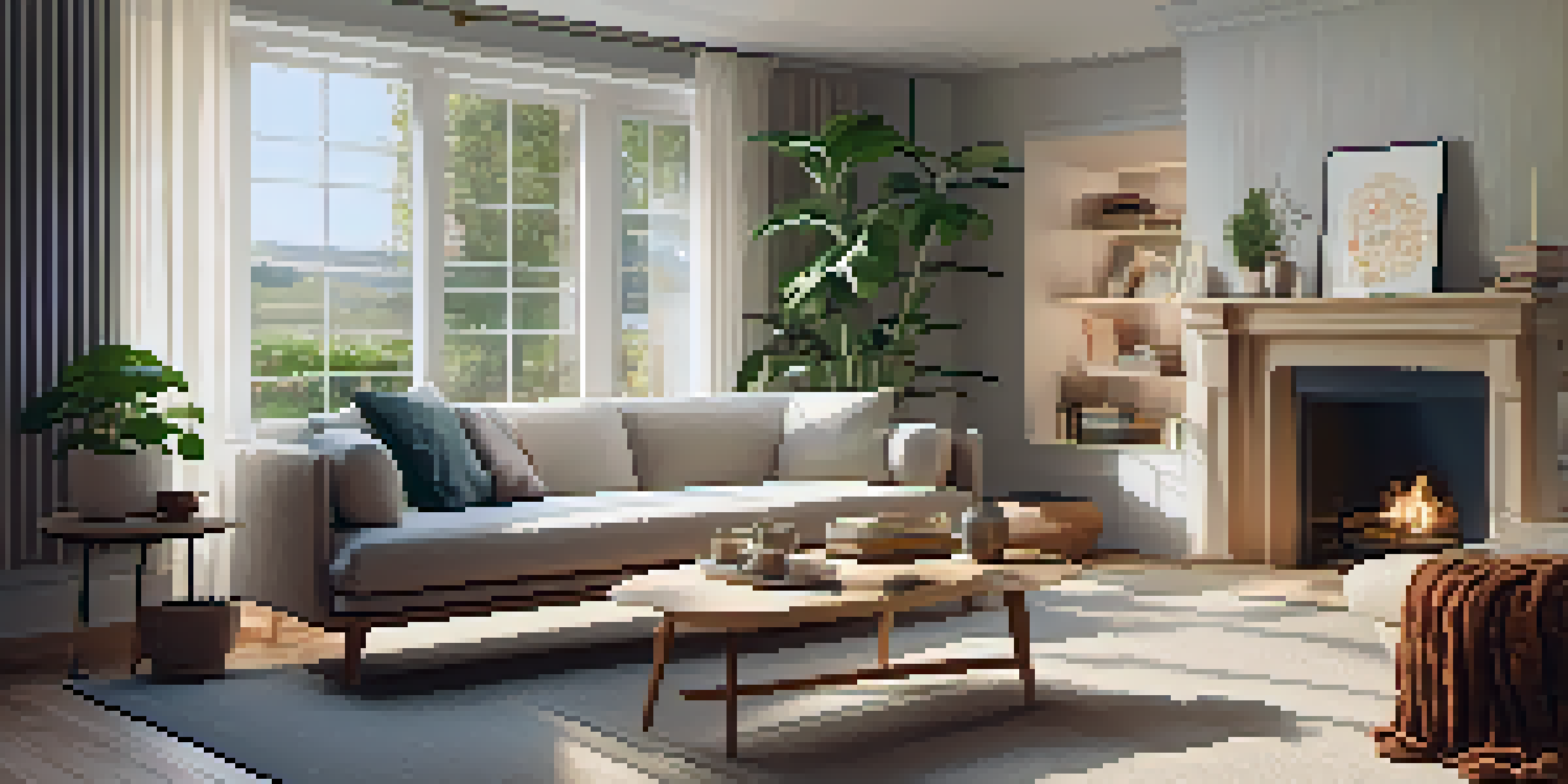A warm living room with a plush sofa, fluffy cushions, a wool blanket, and a houseplant, illuminated by natural light.