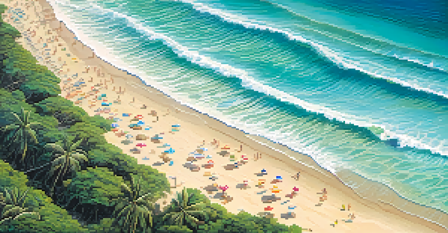Aerial view of a surfing competition in Hawaii with surfers riding waves and lush cliffs in the background.