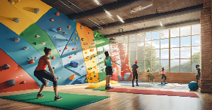 An indoor climbing gym with climbers of different skill levels, colorful climbing walls, and an instructor guiding a beginner.