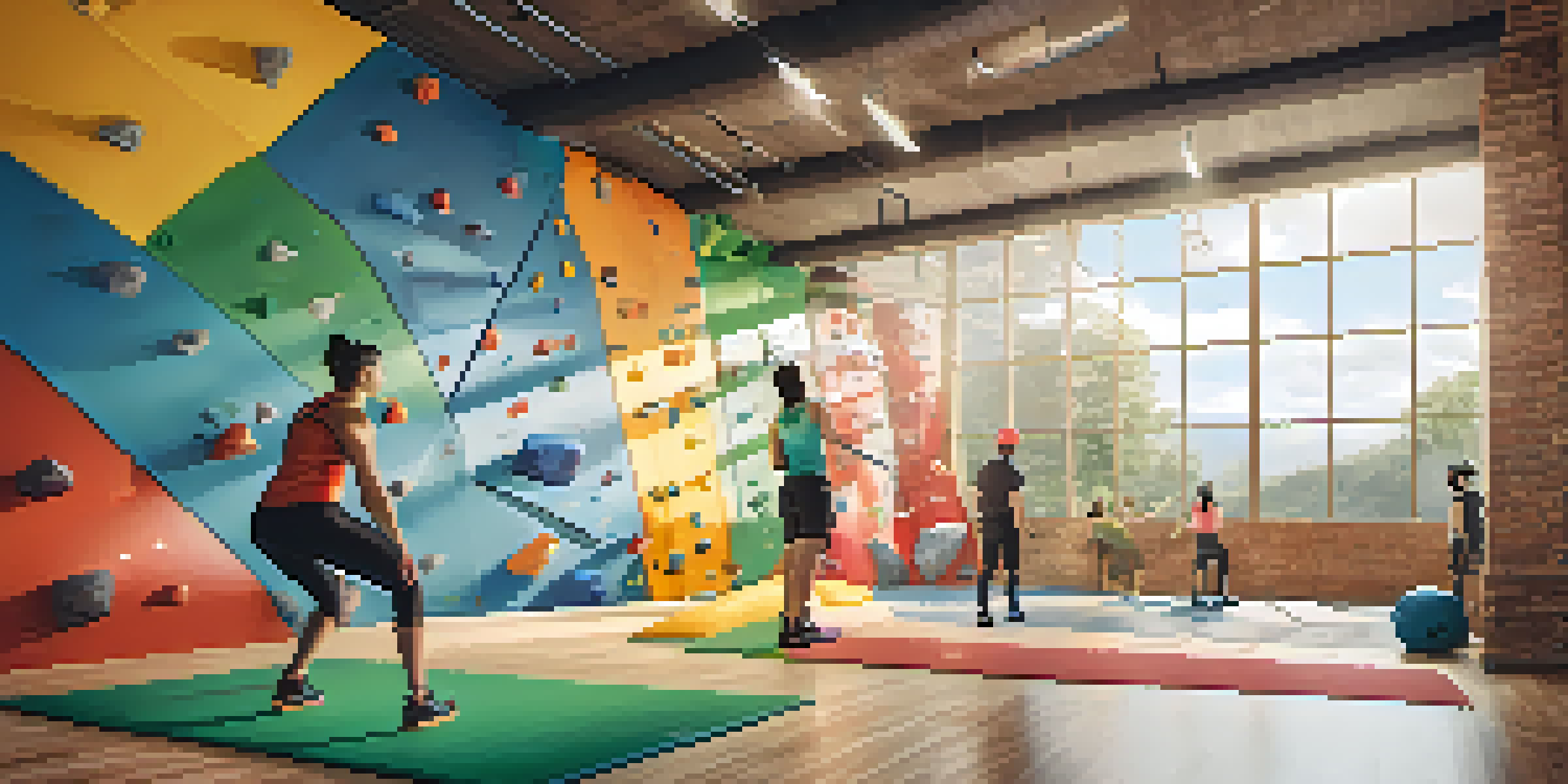 An indoor climbing gym with climbers of different skill levels, colorful climbing walls, and an instructor guiding a beginner.