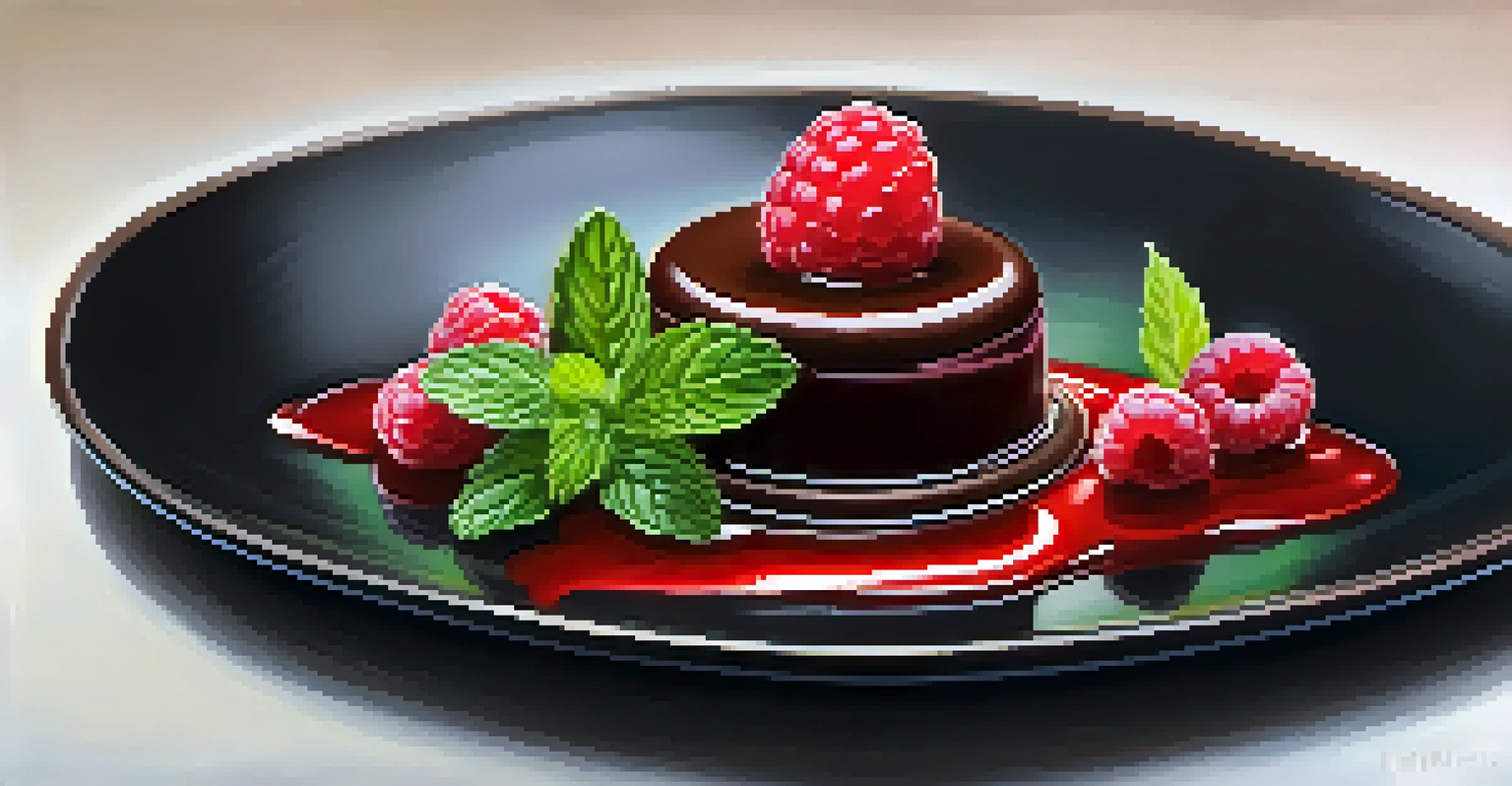 A rich chocolate mousse topped with raspberry coulis, garnished with fresh berries and mint leaves on a black plate.