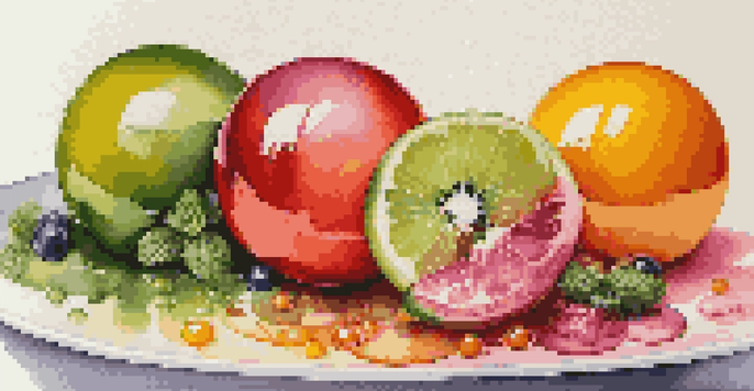 A close-up view of colorful fruit juice spheres on a white plate, surrounded by fresh herbs and edible flowers.