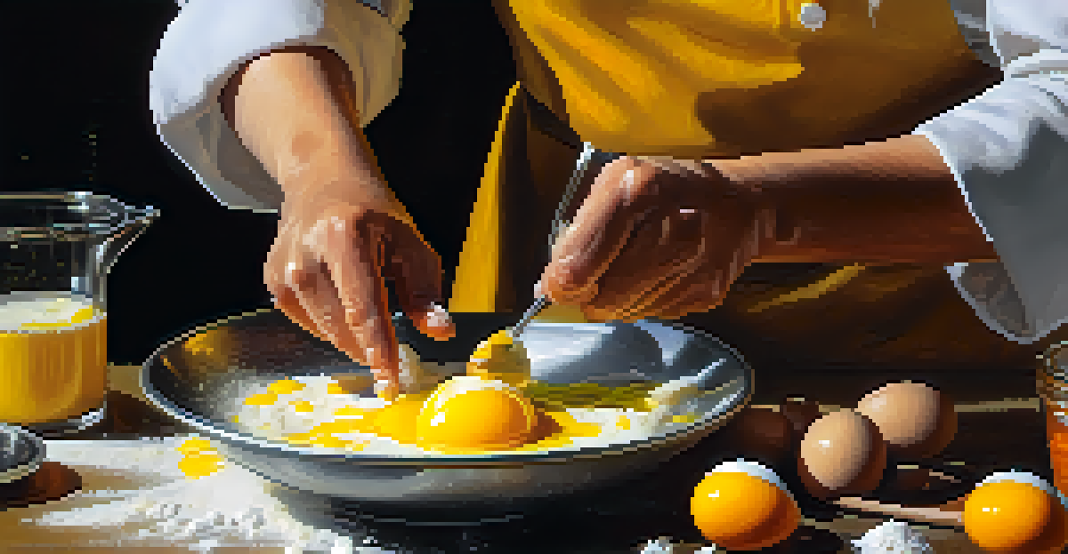 A close-up of a chef mixing egg yolks and sugar in a bowl, surrounded by flour and other baking ingredients in a warm kitchen setting.