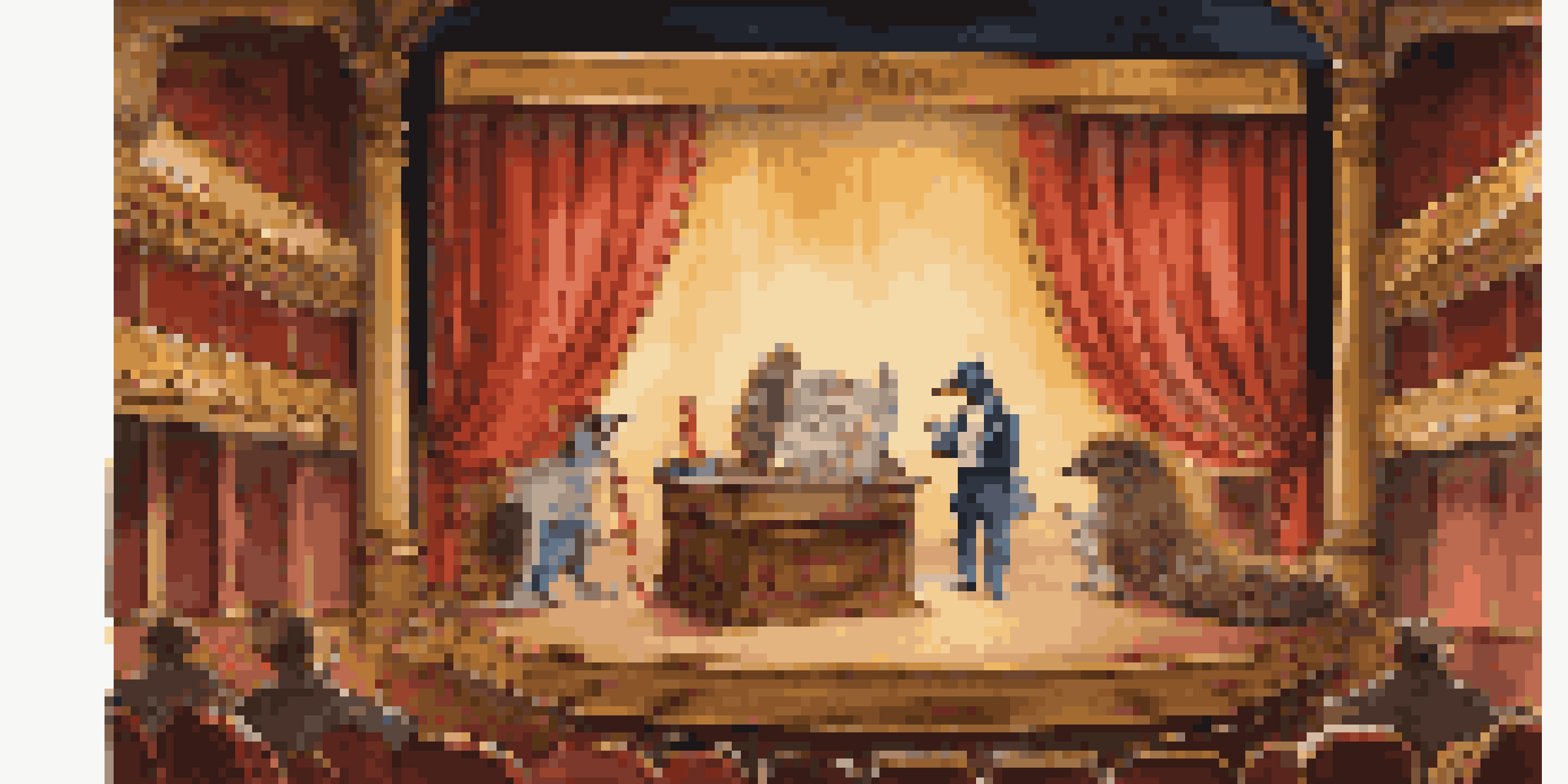 A theater stage with warm golden lights, featuring an open antique book, costumes, props, and whimsical illustrations of iconic literary characters.