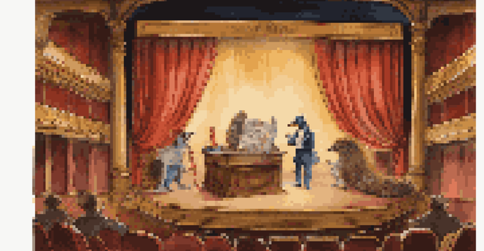 A theater stage with warm golden lights, featuring an open antique book, costumes, props, and whimsical illustrations of iconic literary characters.