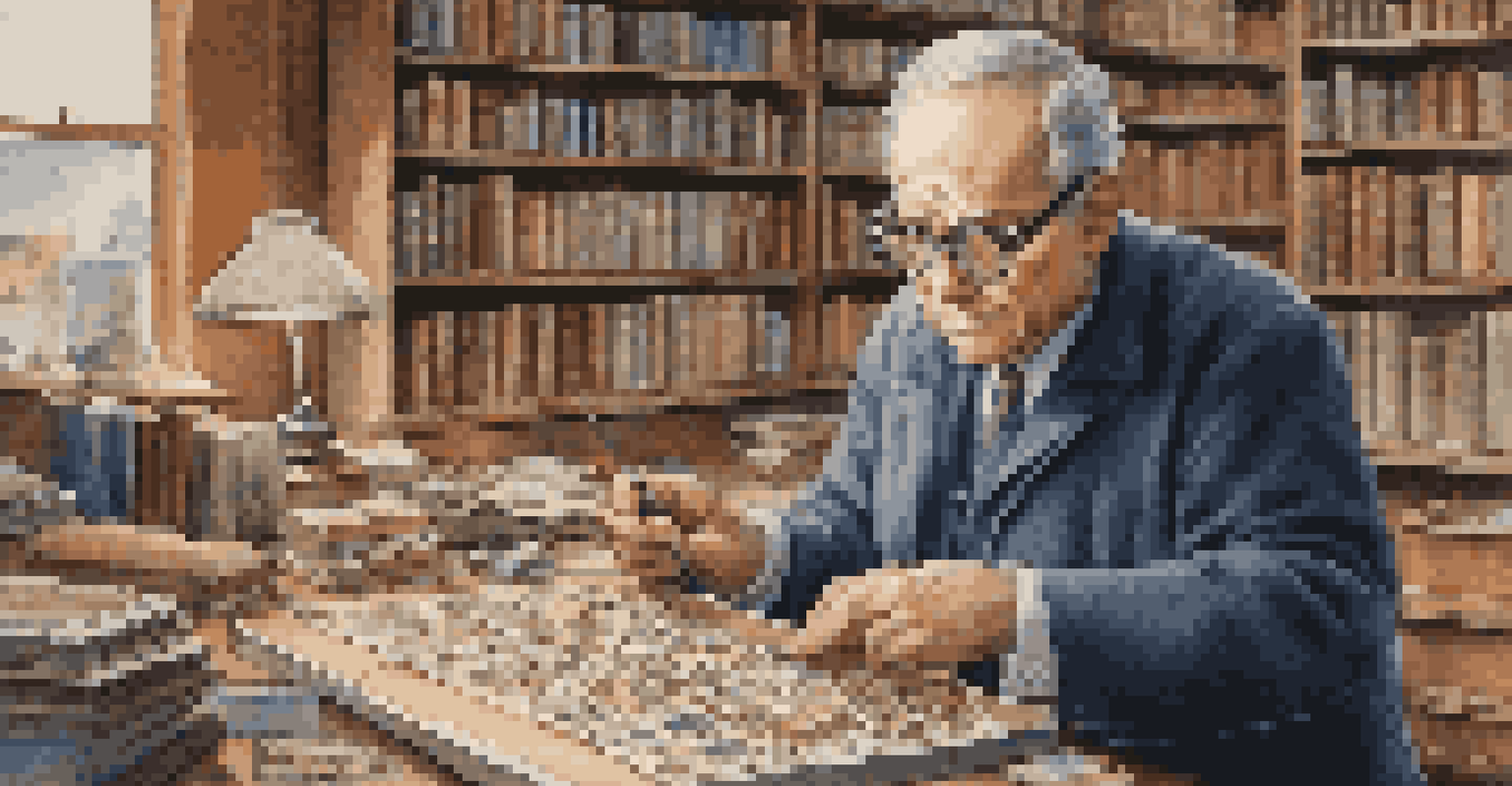 An expert appraiser inspecting a rare stamp in a warmly lit office, surrounded by books and collectibles.