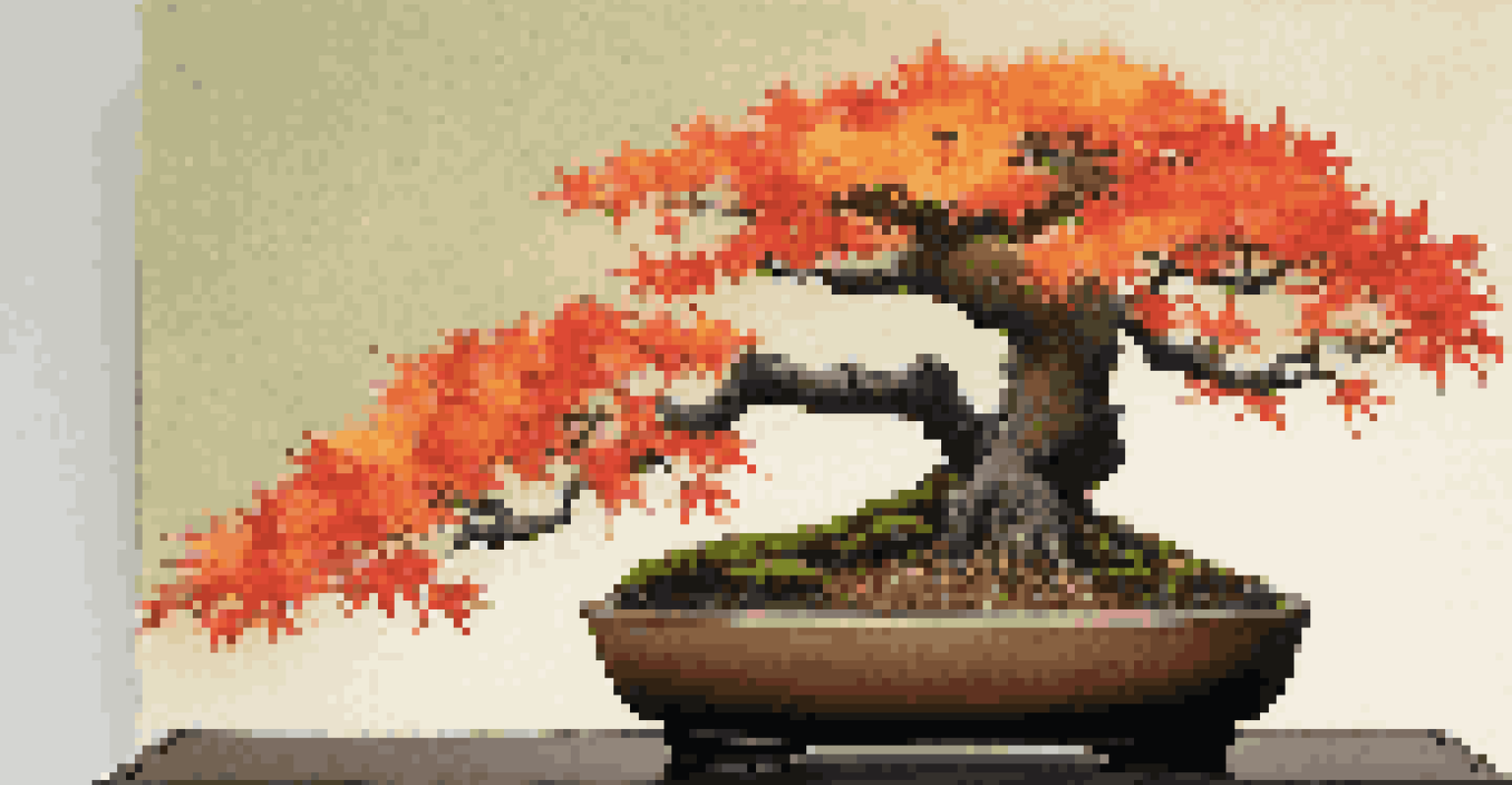 A close-up of a Japanese maple bonsai with vibrant leaves in shades of red and orange, displayed on a stone pedestal.
