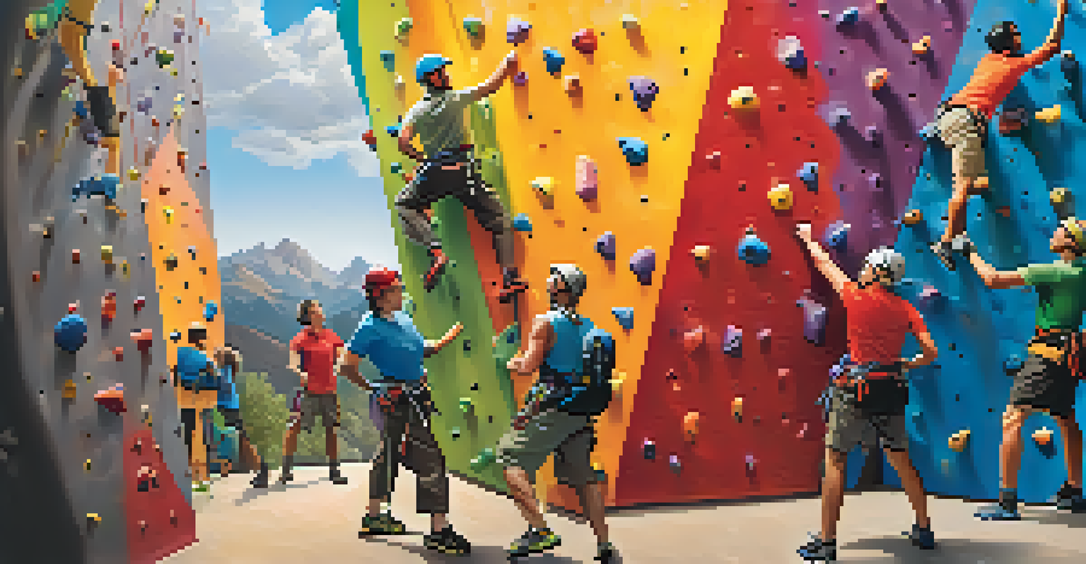 A diverse group of climbers sharing a climbing wall, encouraging each other and fostering a sense of community.
