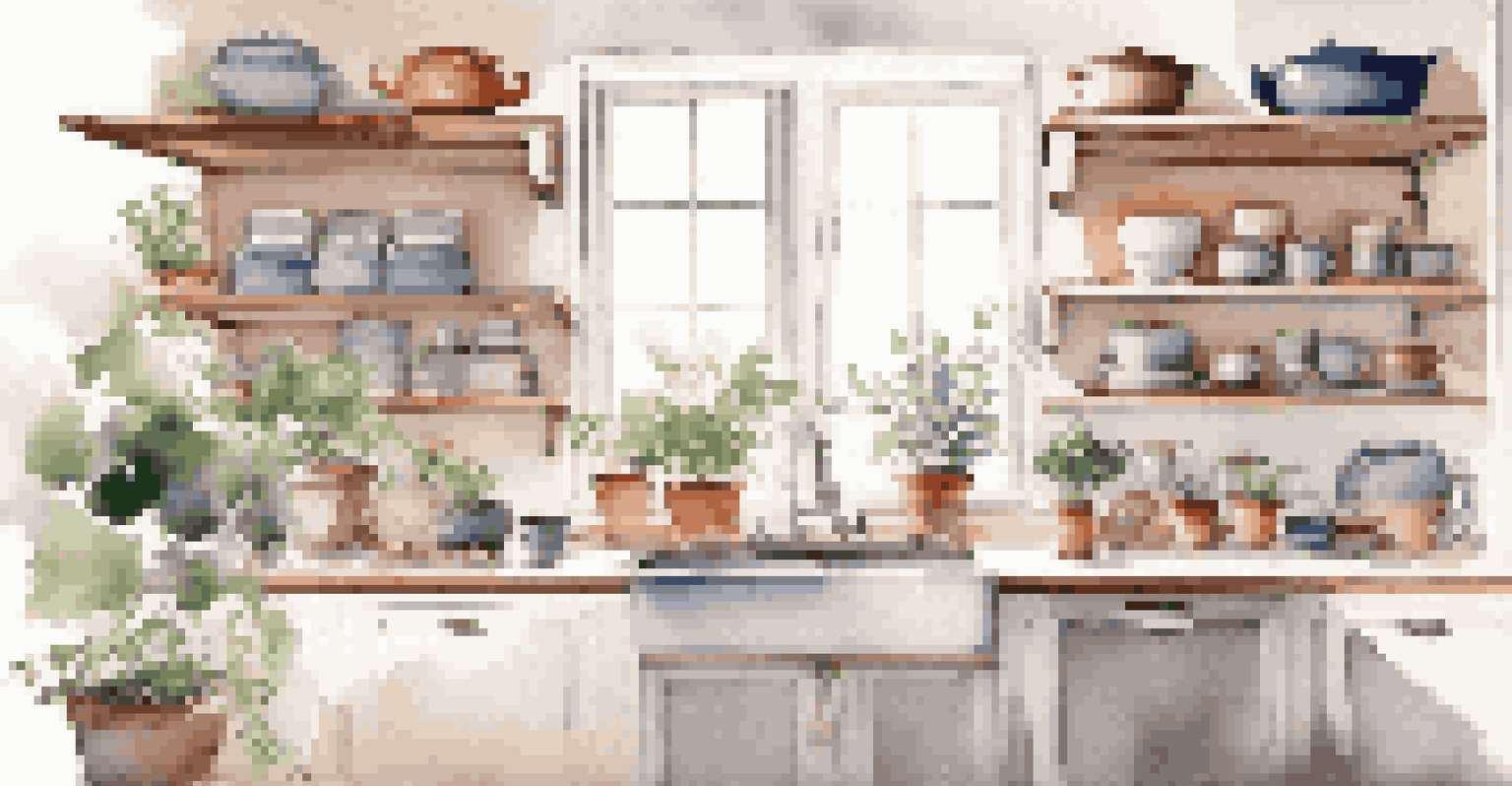 A minimalist kitchen with open shelves displaying cookbooks and ceramic mugs, illuminated by sunlight.