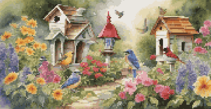 A beautiful garden filled with various uniquely designed birdhouses, colorful flowers, and soft sunlight filtering through the leaves.