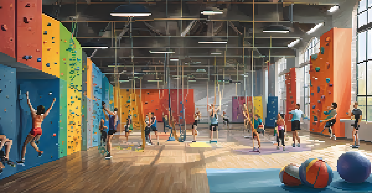 Climbers in a gym performing warm-up stretches with colorful climbing walls in the background, emphasizing the importance of preparation.