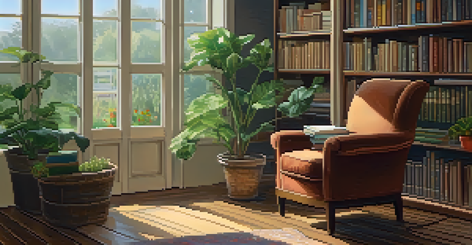 A bright and cozy room with a chair, plants, and bookshelves, illuminated by natural light from large windows.