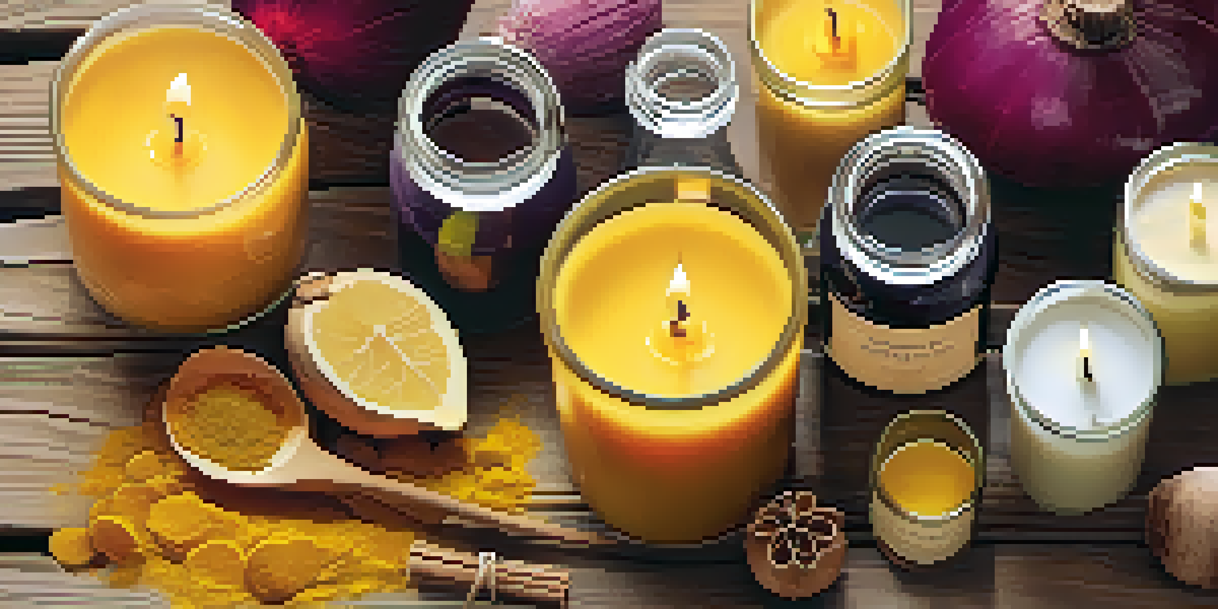 A close-up view of eco-friendly candle making materials including beeswax, soy wax, essential oils, and natural colorants on a wooden table.