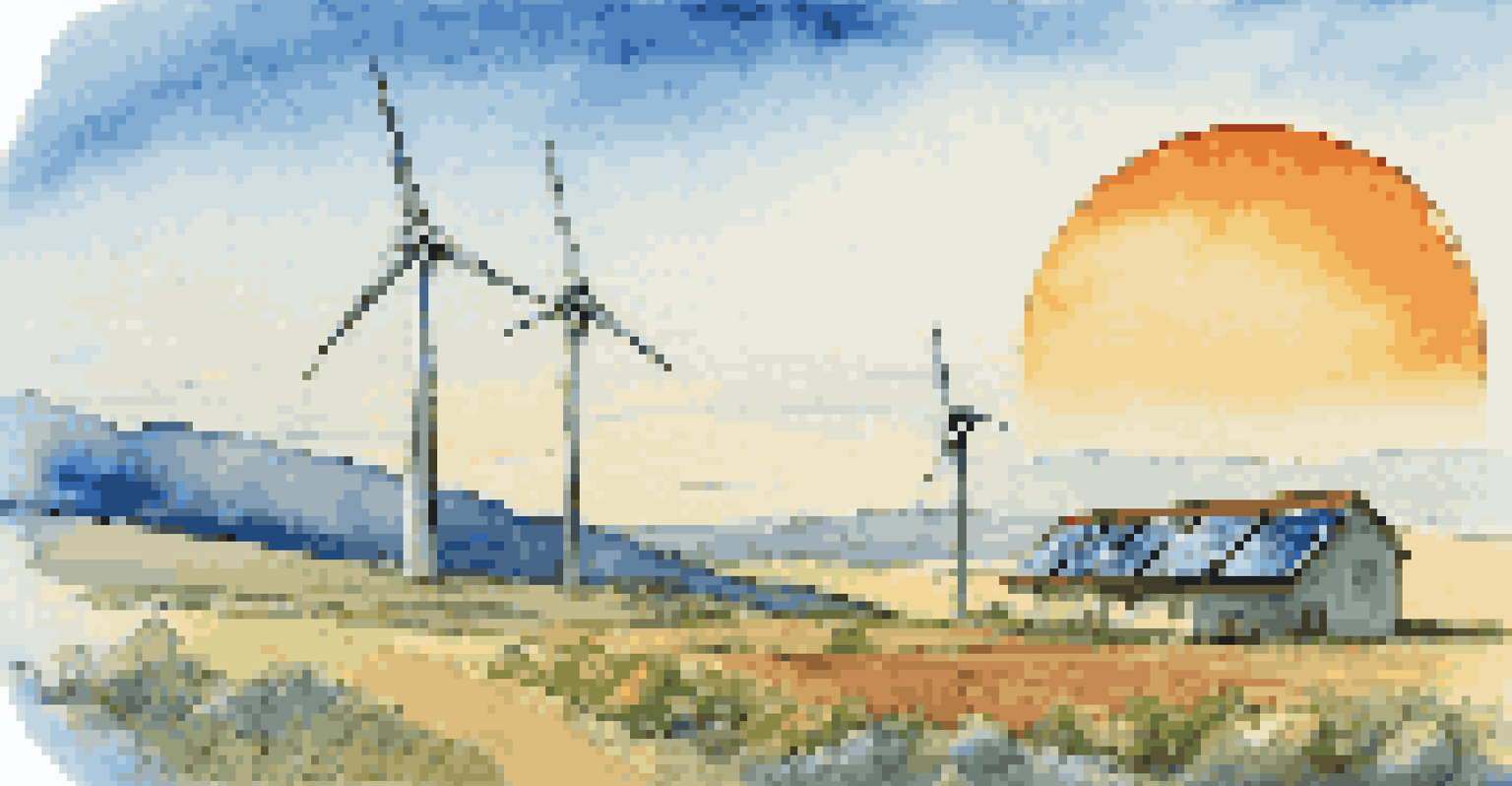 A colorful stamp design depicting a wind turbine and solar panels against a clear blue sky, symbolizing renewable energy and sustainability.