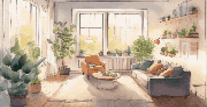 A cozy living room with smart LED bulbs glowing warmly, and a person using a mobile app to adjust the lighting.