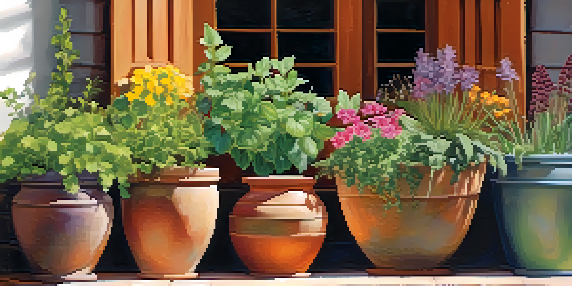 A colorful container garden with various plants in different pots, basking in sunlight in a small garden space.