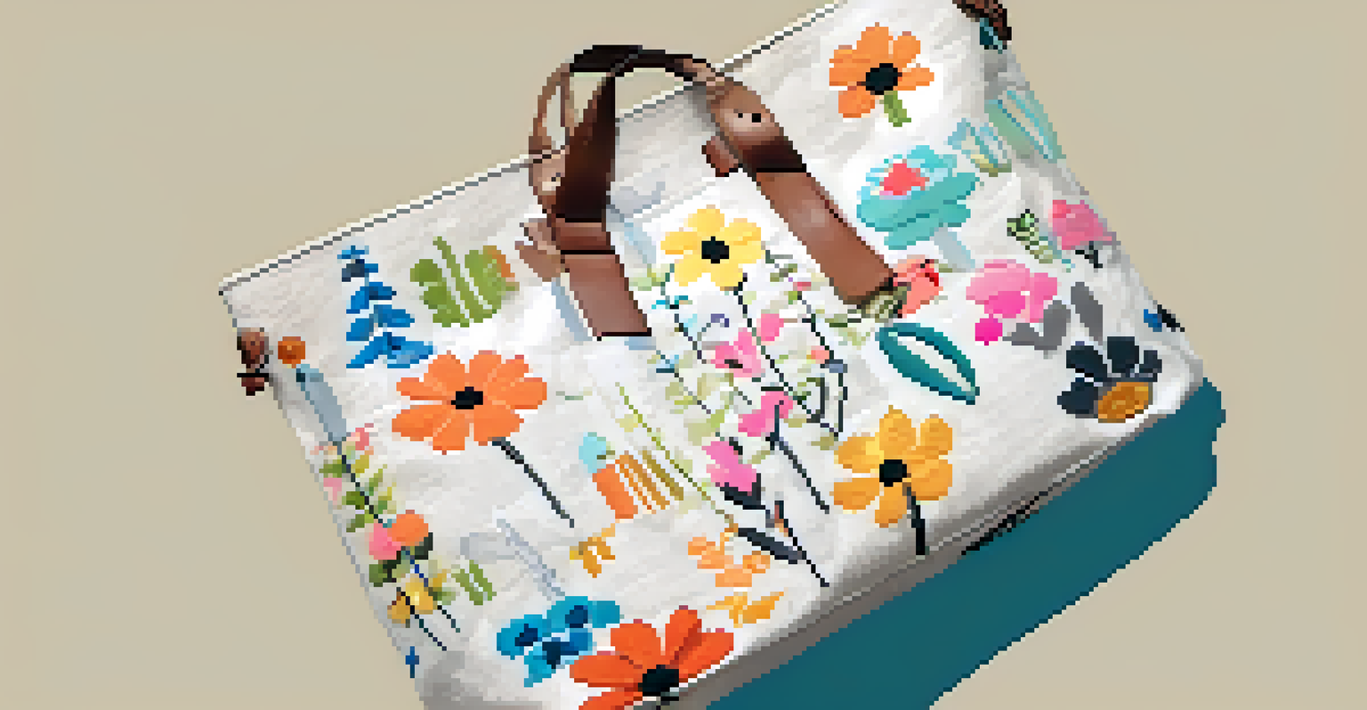 A finished tote bag made from canvas fabric, featuring top stitching and a side pocket, against a neutral background.
