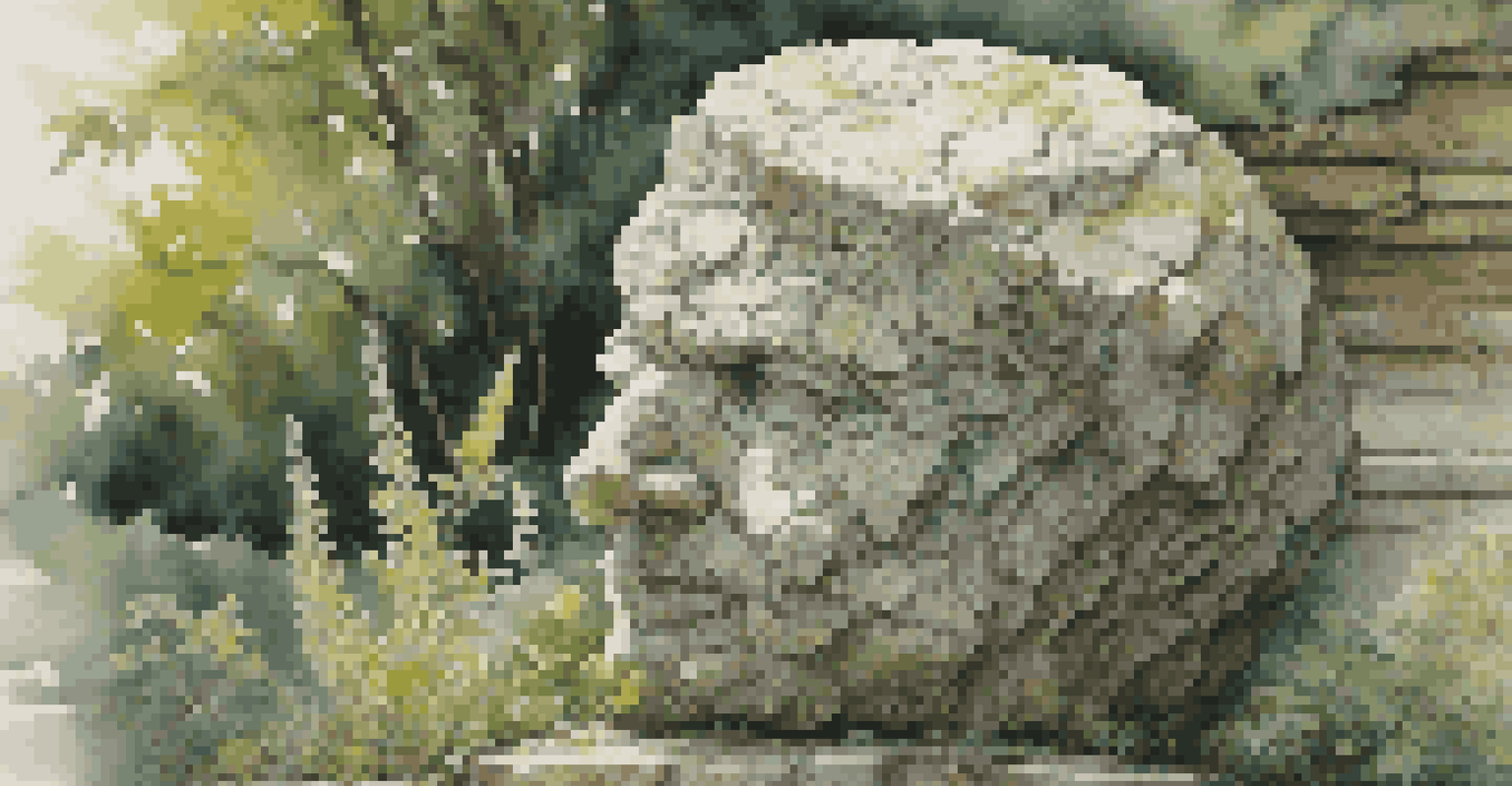 Close-up of a weathered stone sculpture, highlighting cracks and textures, with a garden background.