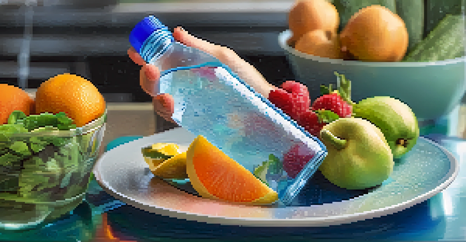 A close-up of hands holding a water bottle with droplets, with a blurred background of healthy foods, highlighting hydration and nutrition.