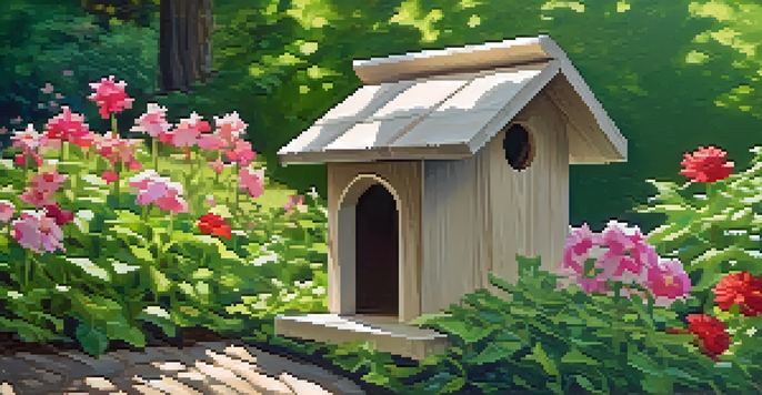 A rustic wooden birdhouse surrounded by colorful flowers and green plants in a tranquil garden, illuminated by soft morning sunlight.