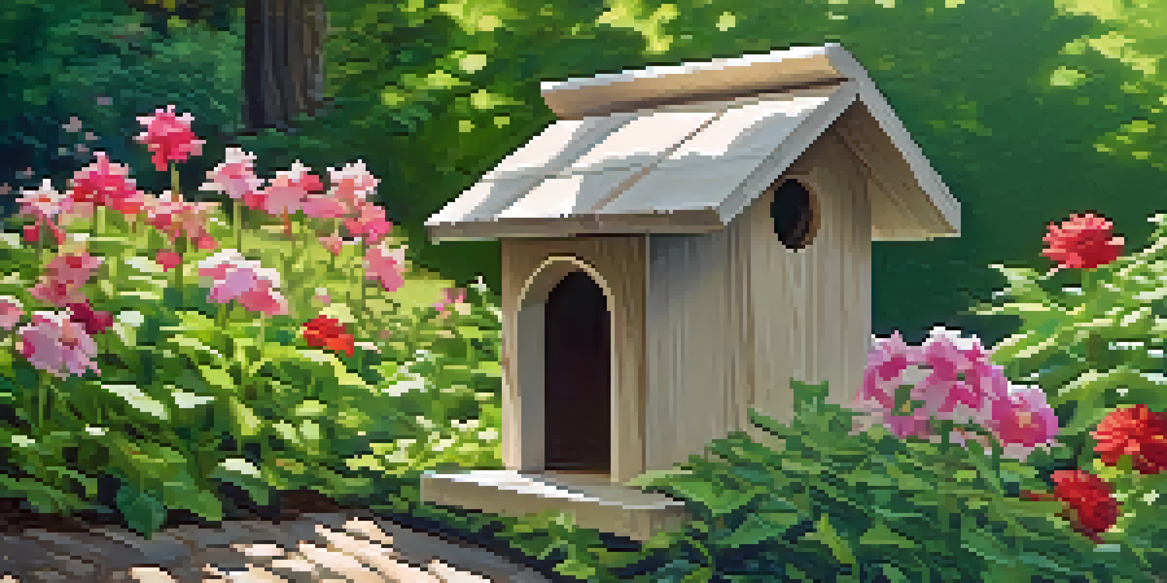 A rustic wooden birdhouse surrounded by colorful flowers and green plants in a tranquil garden, illuminated by soft morning sunlight.