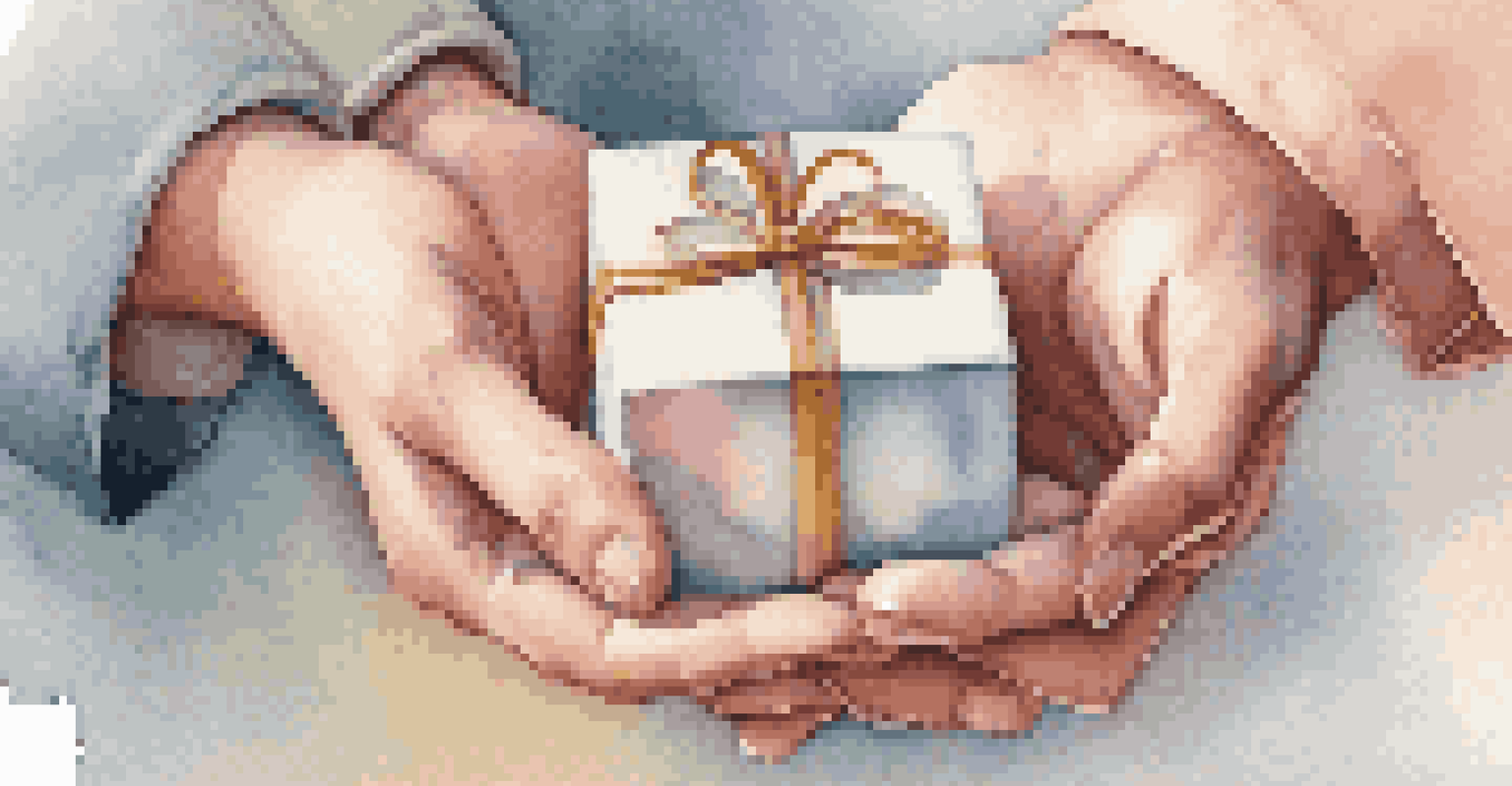 Close-up of two hands exchanging a small gift, representing empathy and connection.
