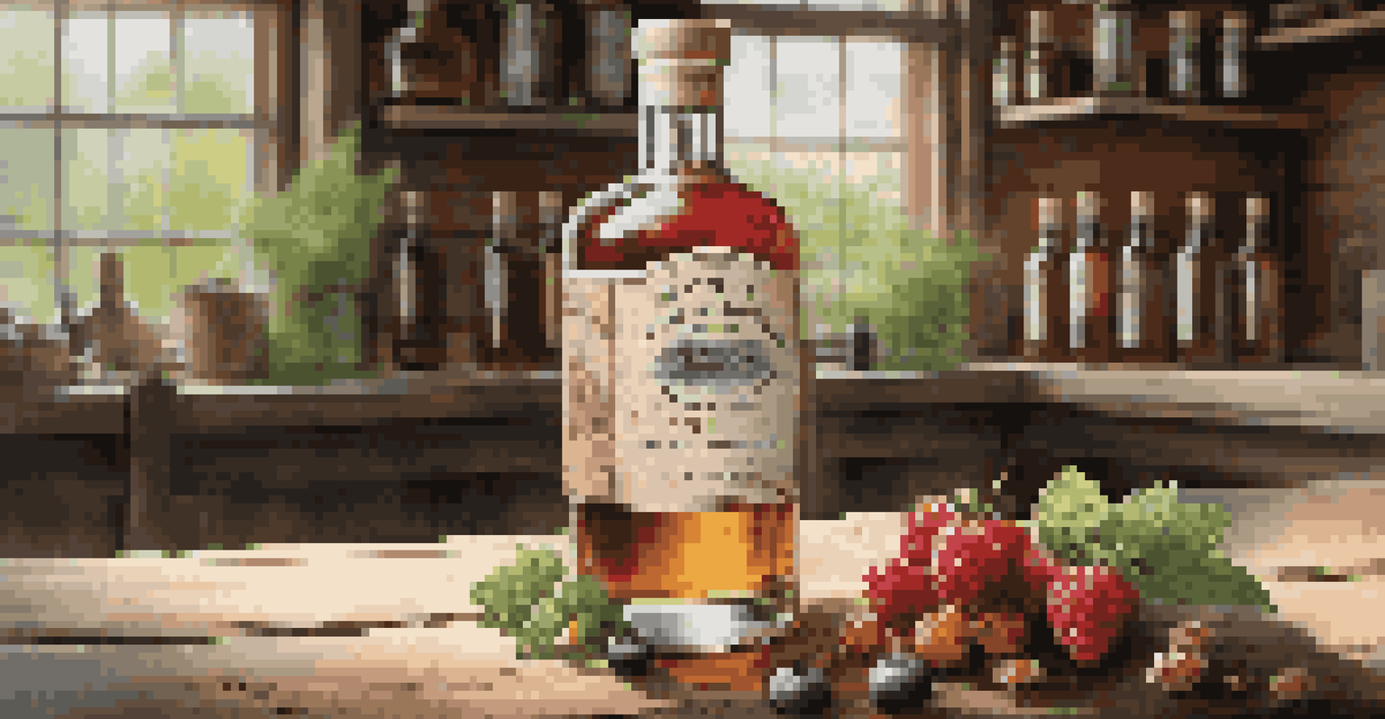 A close-up of a beautifully designed craft spirit bottle surrounded by fresh local ingredients like berries and herbs on a wooden table.