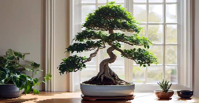 An indoor bonsai Ficus tree in a minimalist ceramic pot, illuminated by soft morning sunlight, with house plants in the background.