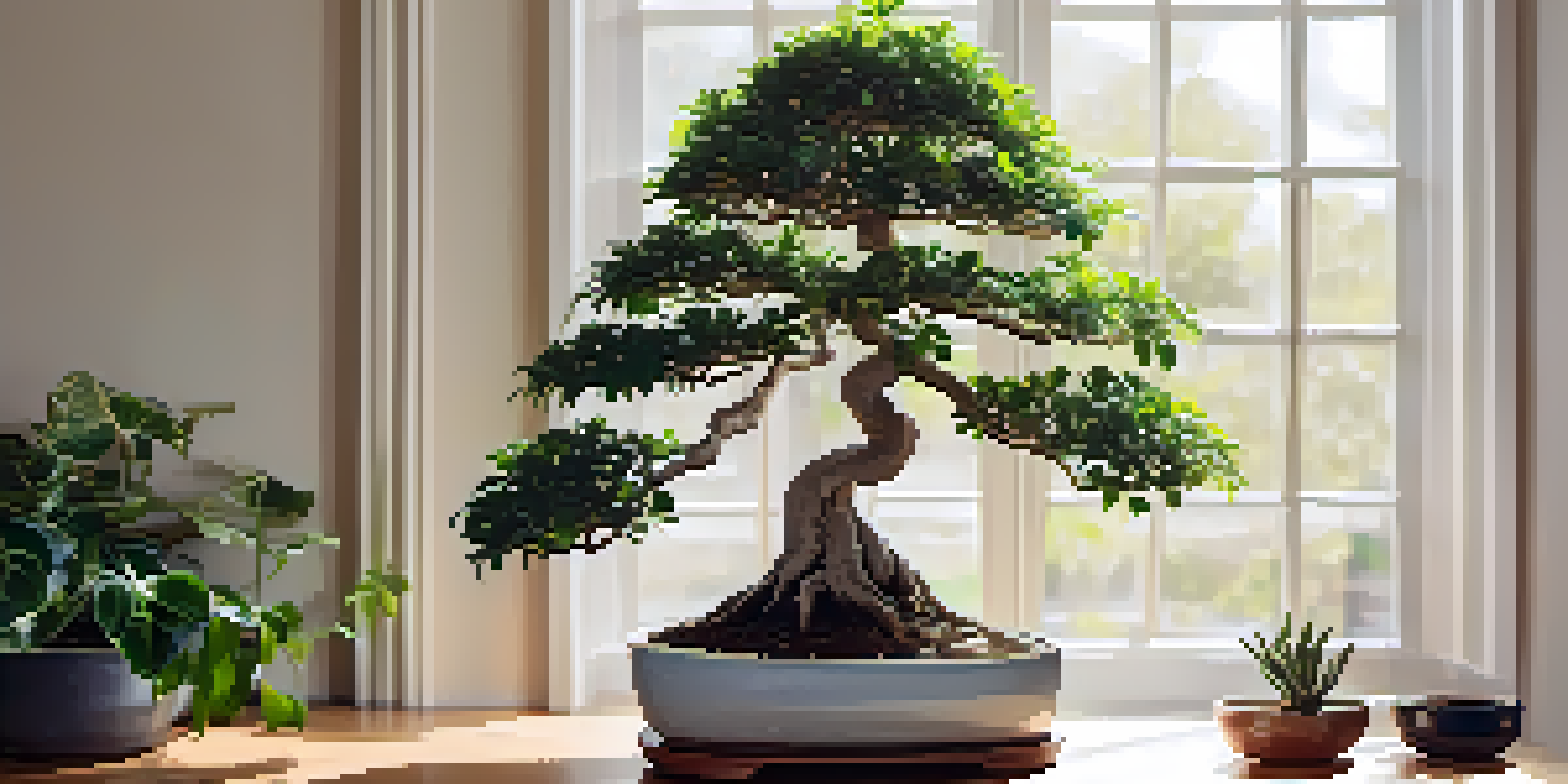 An indoor bonsai Ficus tree in a minimalist ceramic pot, illuminated by soft morning sunlight, with house plants in the background.