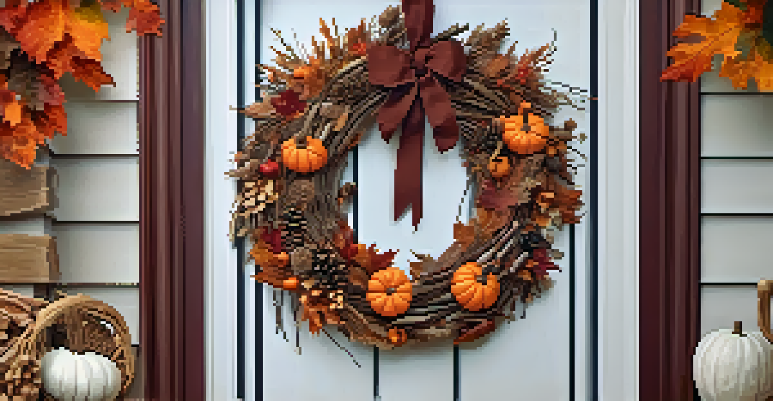 An autumn wreath made of twigs and dried leaves with pumpkins, acorns, and cinnamon sticks, displayed on a rustic wooden door.