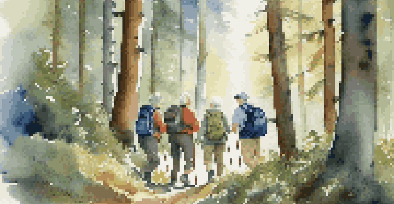 A group of seniors enjoying a hike in a forest, laughing and pointing at wildlife, under a sunny blue sky.