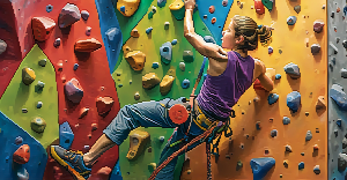 A climber in an indoor gym, concentrating as they ascend a colorful climbing wall.