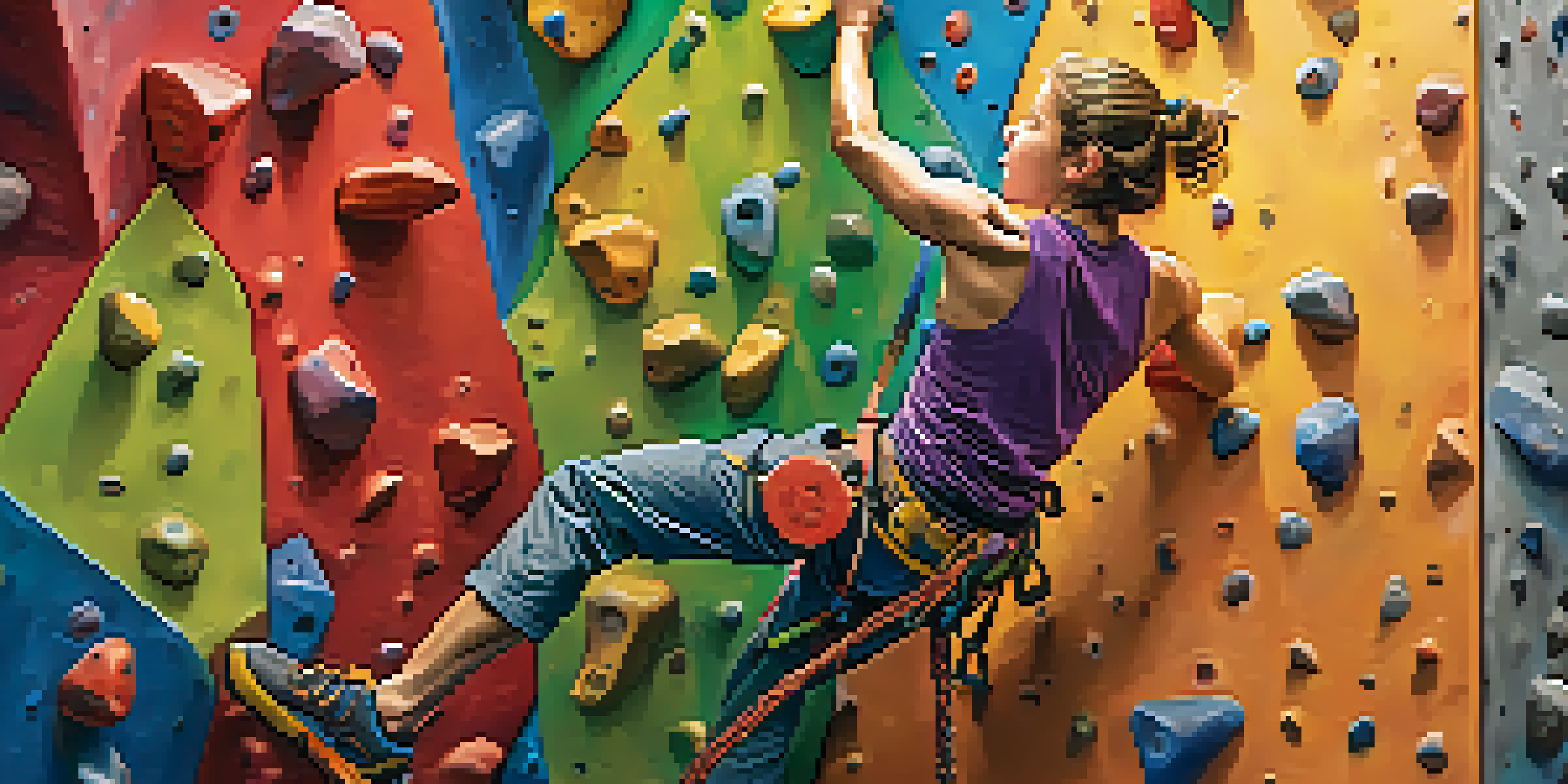 A climber in an indoor gym, concentrating as they ascend a colorful climbing wall.