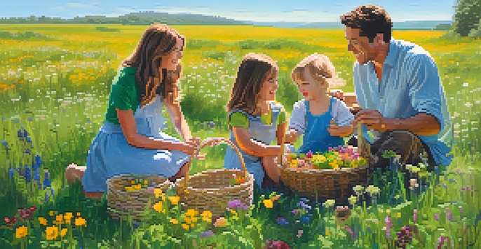 A family with two children foraging in a sunny meadow, surrounded by wildflowers and greenery, with parents guiding their kids on edible plants.