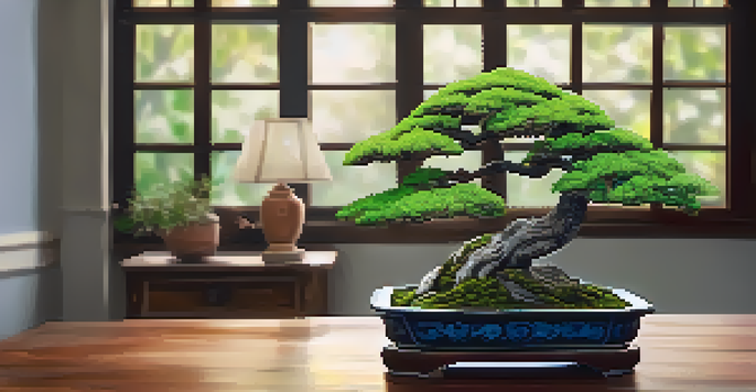 An indoor scene with a vibrant bonsai tree on a wooden table, illuminated by soft light from a window, surrounded by a cozy living room setting.