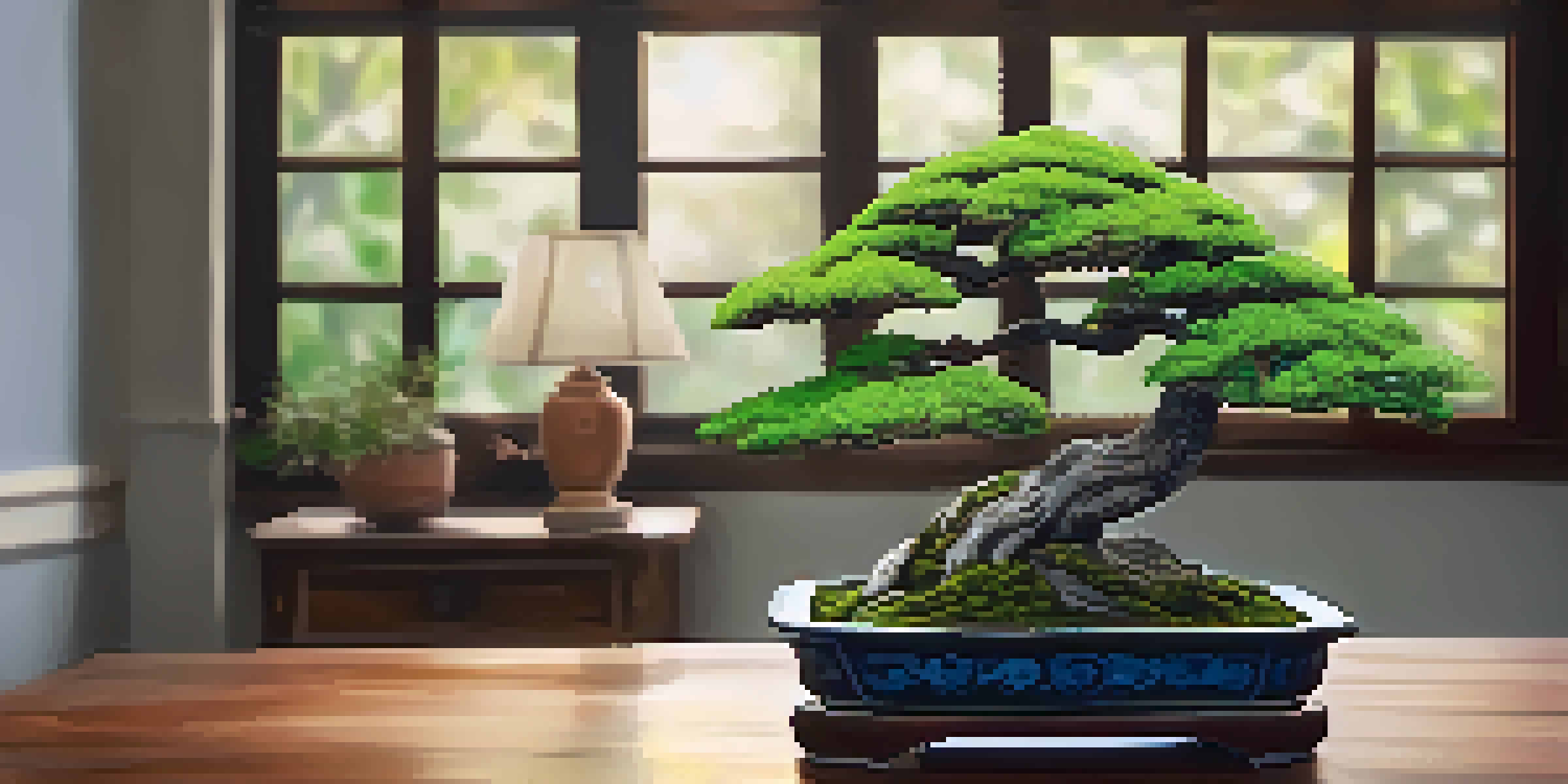 An indoor scene with a vibrant bonsai tree on a wooden table, illuminated by soft light from a window, surrounded by a cozy living room setting.