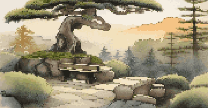 A peaceful bonsai garden in Japan at sunset with a shaped pine tree, warm light, and a pebbled path.