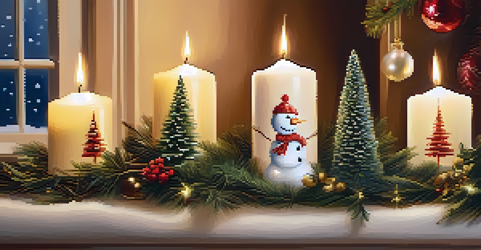A holiday mantelpiece decorated with themed candles shaped like snowmen and Christmas trees, surrounded by fairy lights and festive decor.