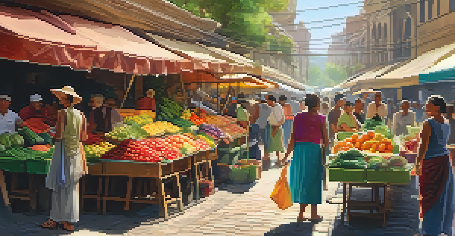A lively street market scene with vendors selling fresh produce under colorful awnings.