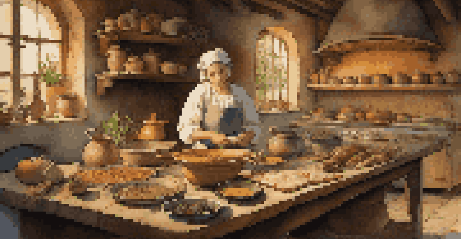A reenactor in a historical kitchen preparing Renaissance dishes, surrounded by fresh ingredients and candlelight.