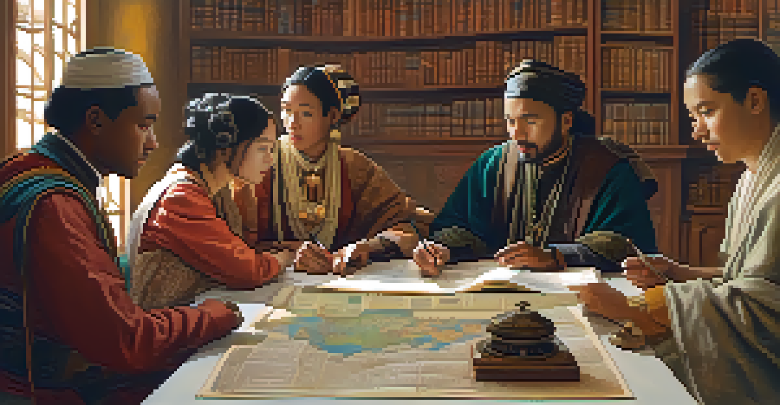 An illustration of diverse historical figures from various cultures discussing around a table with maps and artifacts in a warmly lit room.
