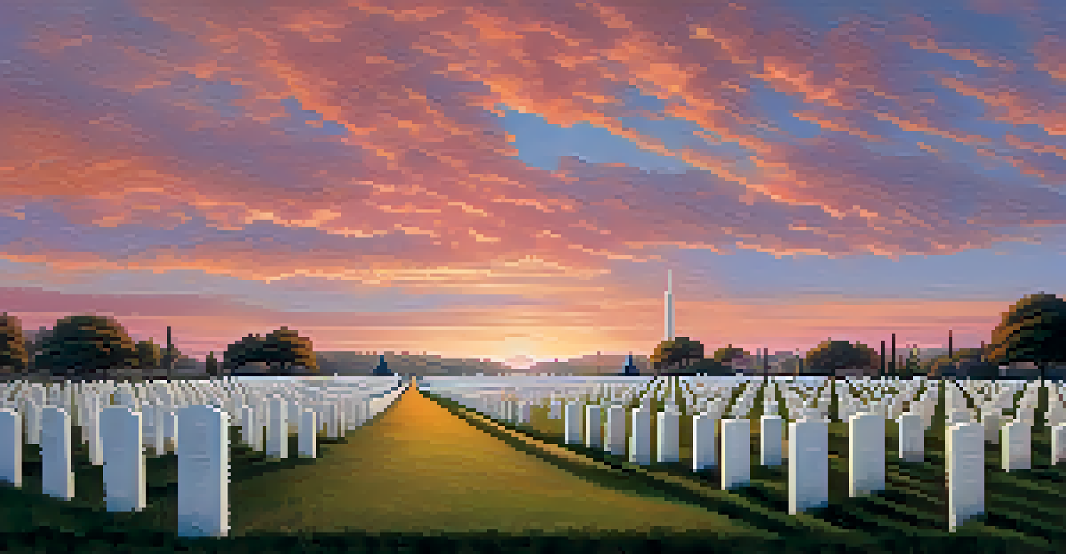 A military cemetery at sunset with white gravestones and a colorful sky, featuring a single flag in the center.