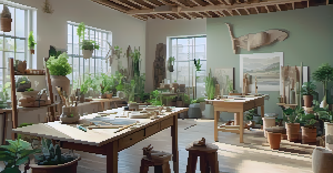 A peaceful art therapy studio with natural light, featuring a sculpting area with clay and unfinished sculptures, surrounded by plants.