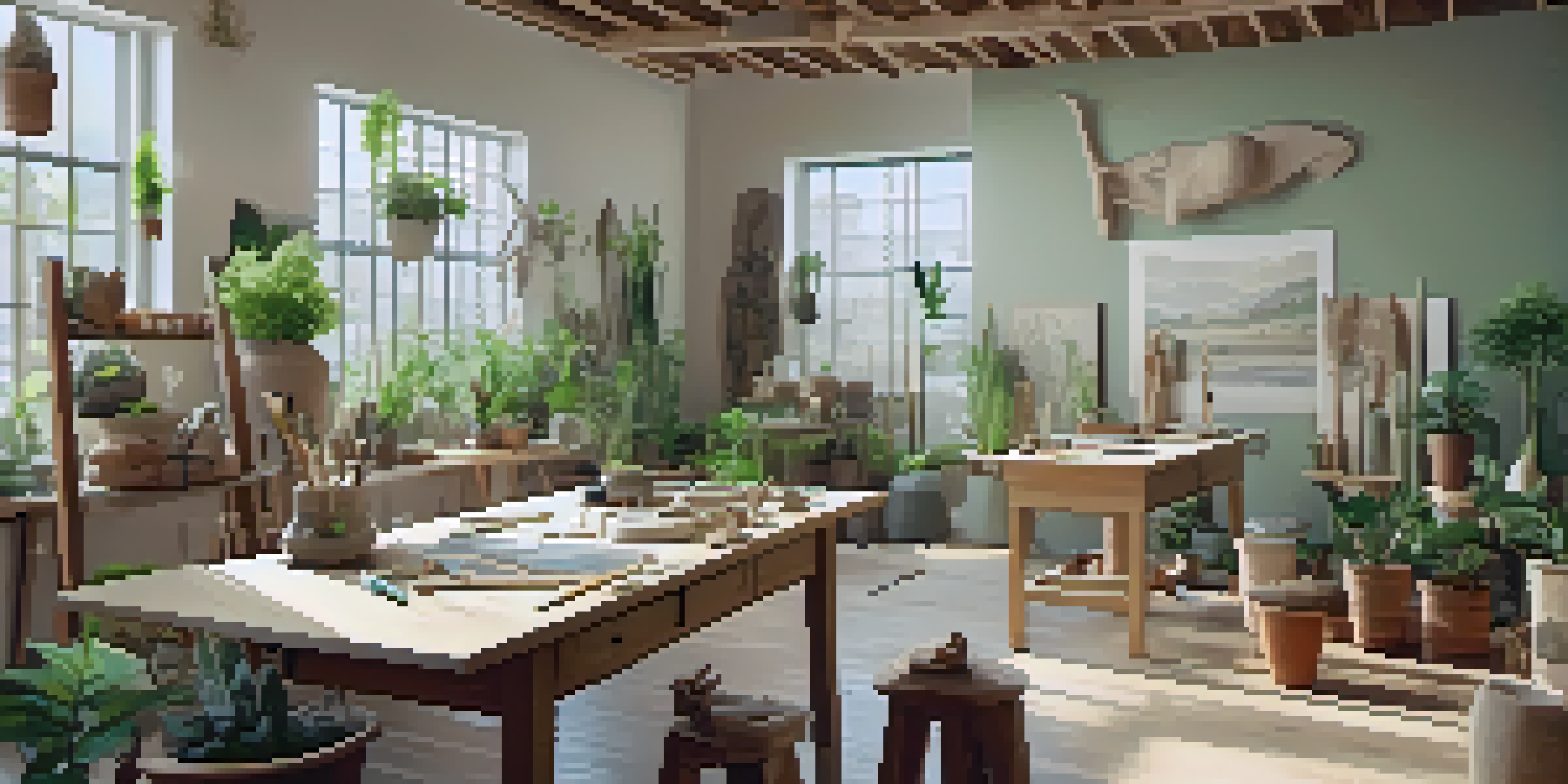 A peaceful art therapy studio with natural light, featuring a sculpting area with clay and unfinished sculptures, surrounded by plants.