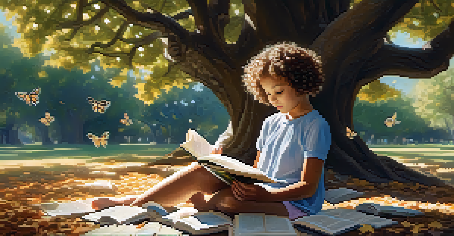 A young girl reading under a large oak tree with floating pages turning into butterflies.