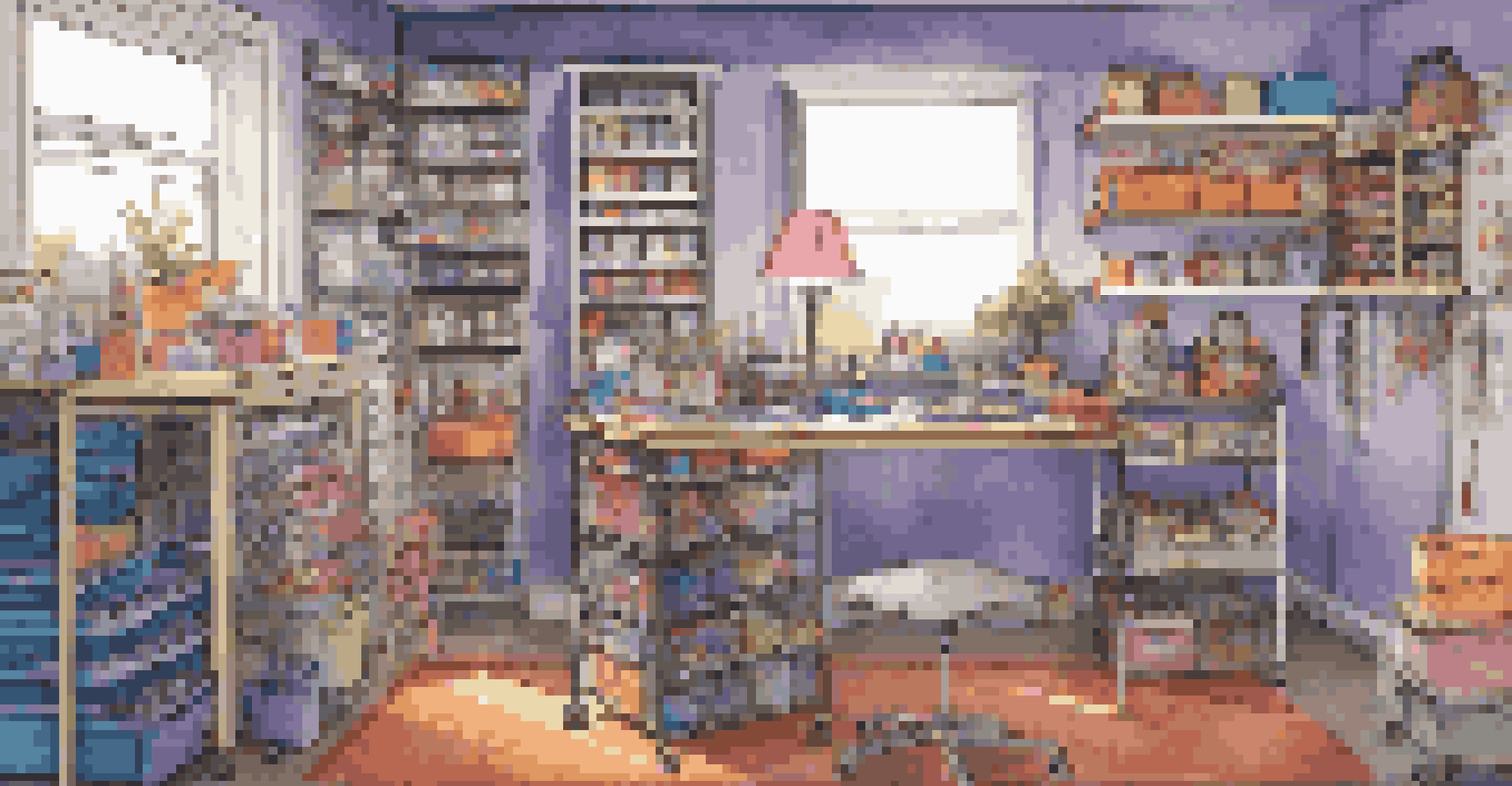 A bright and organized cosplay crafting corner with a rolling cart, folding table, and pegboard filled with tools and colorful bins.