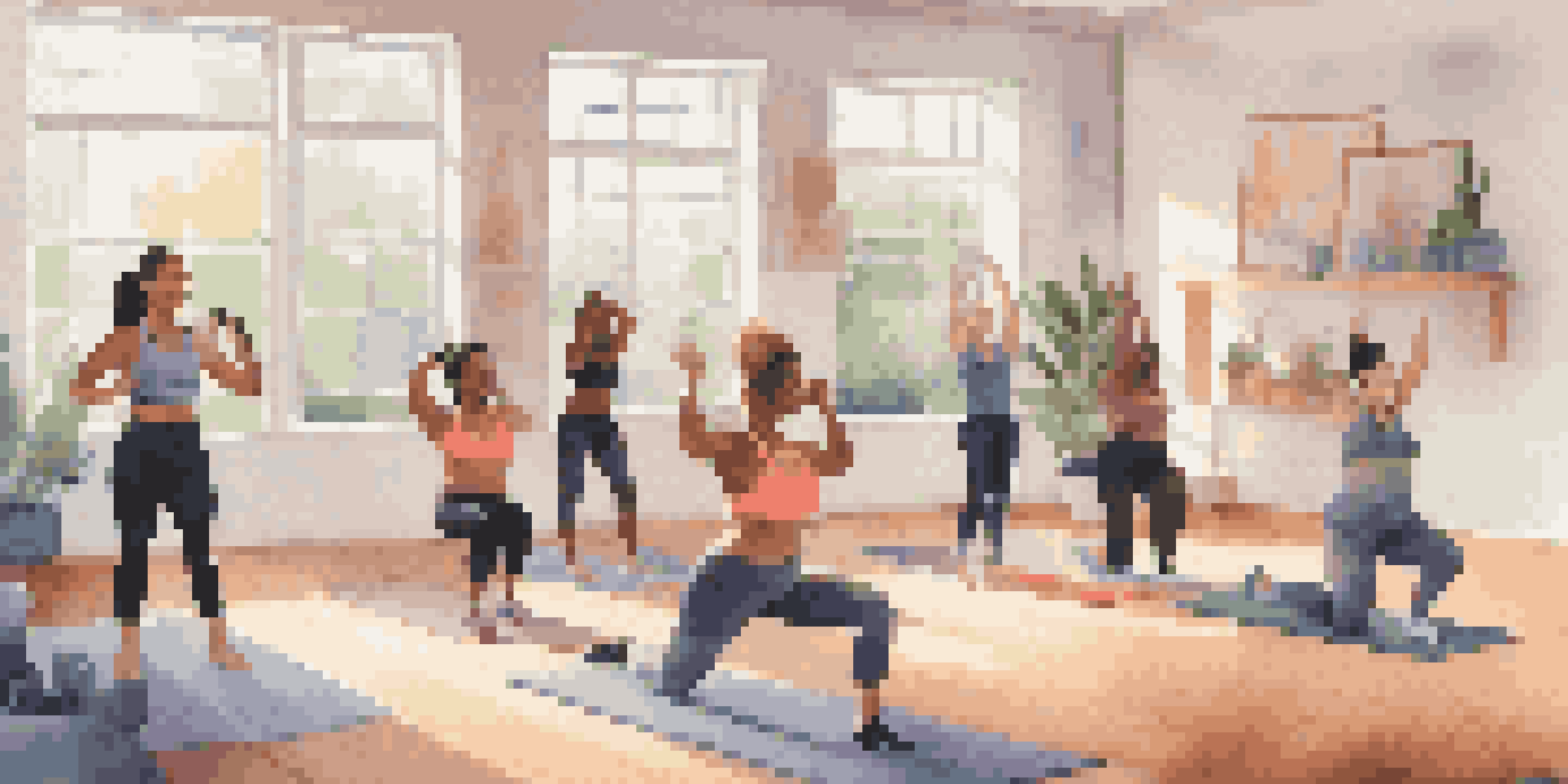 A diverse group of individuals in a bright home setting participating in a virtual fitness class, with an instructor on a screen.