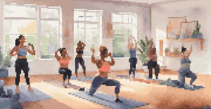 A diverse group of individuals in a bright home setting participating in a virtual fitness class, with an instructor on a screen.