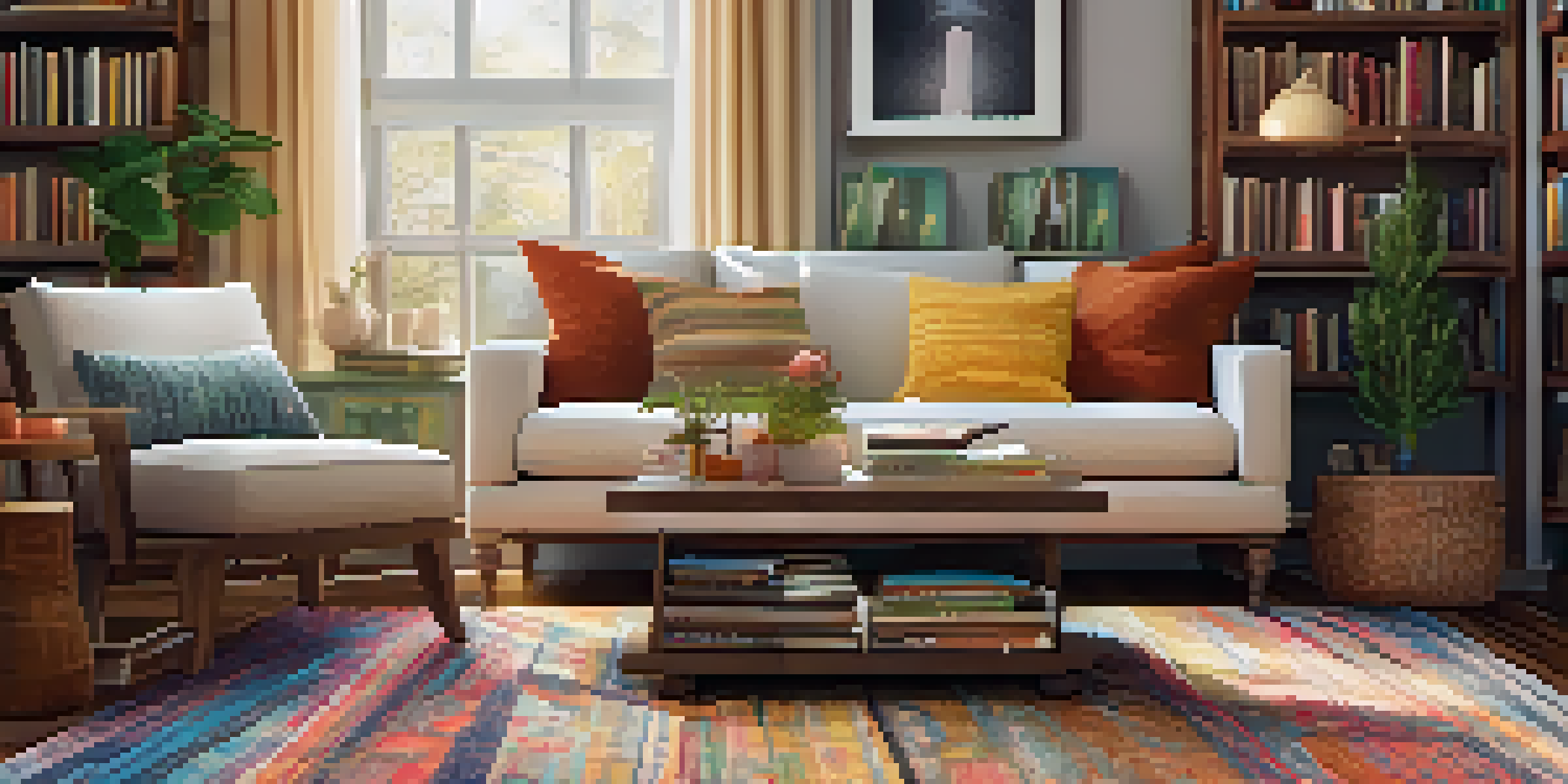 A cozy living room with an upcycled coffee table bench, warm lighting, and decorative cushions.